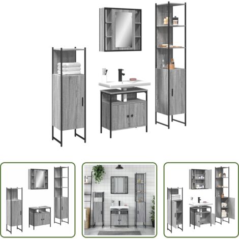 Armadietto con specchio -  Set Mobili da Bagno 4 pz Grigio Sonoma in Legno Multistrato