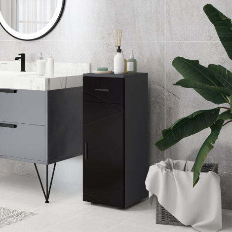 Armadietto da Bagno con Cassetto e Armadietto a 2 Livelli Regolabili, Mobiletto Bagno in Legno, 30x30x82 cm, Nero e Grigio Scuro