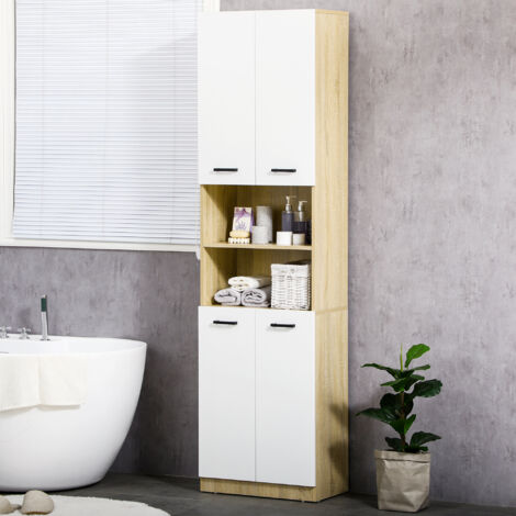 Armadietto da Bagno, Mobile Bagno in Legno con 2 Armadietti con Ante e 2 Ripiani Aperti, Design Antiribaltamento, 53x33.5x195.7 cm, Bianco e Legno