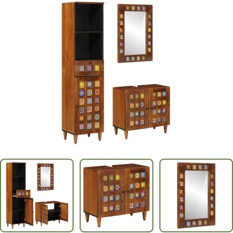 Armadietto da bagno -  Set di mobili per il bagno 3 pcs Noce Legno di mango massello