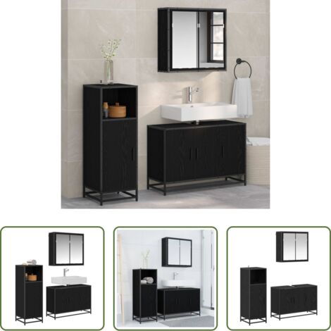Armadietto da bagno -  Set di mobili per il bagno 3 pcs Rovere Nero Legno multistrato