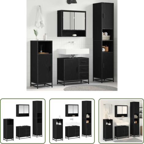 Armadietto da bagno -  Set di mobili per il bagno 4 pcs Rovere Nero Legno multistrato