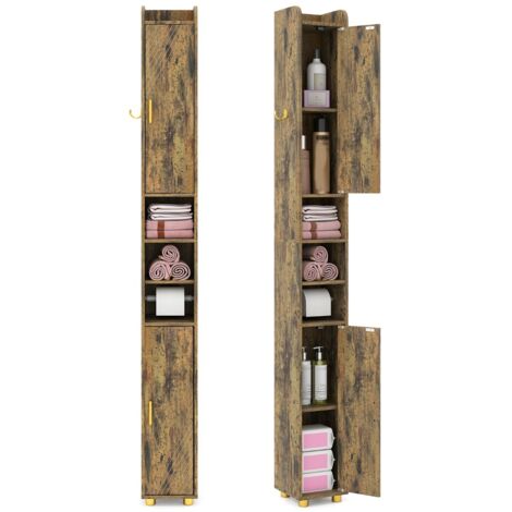 Armadietto da bagno stretto organizzatore stretto con 2 ante e ripiani regolabili, Armadietto da bagno alto Marrone
