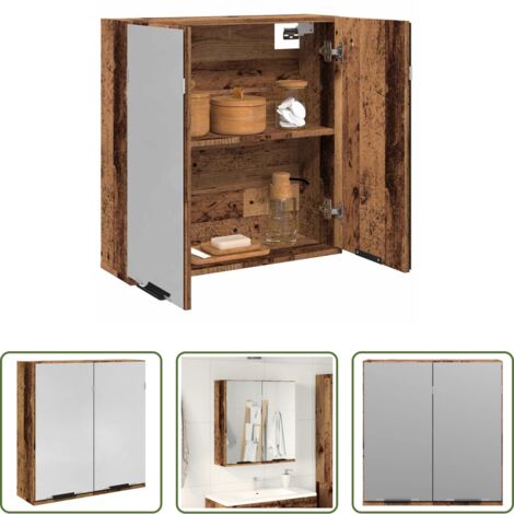 Armadietto da parete -  Mobile Bagno con Specchio Legno Antico Legno Multistrato