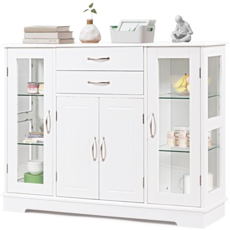 Armadietto legno ante vetro temperato cassetti credenza cucina salone 107x30x82cm Bianco