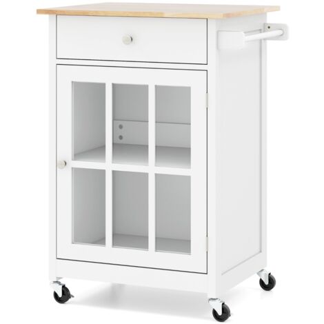 Armadietto mobile con piano in legno di gomma e ruote bloccabili Bianco