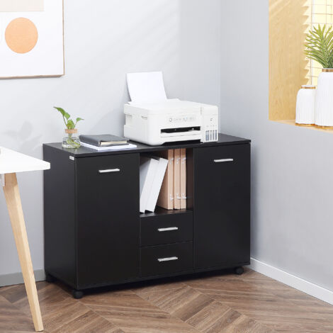Armadietto Multifunzionale per l'Ufficio con Ruote a 360°, per Stampanti e Fascicoli, in Legno Nero 100x40x71cm