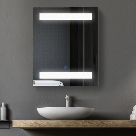 Armadietto Pensile da Bagno con 1 Anta, Specchio e Luci a LED  2 Ripiani Interni  MDF Bianco (60 x 50 x 15cm)