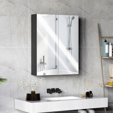 Armadietto Pensile da Bagno Due Ante con Specchiera e 2 Ripiani Interni, Mobiletto Bagno con Specchio e Soft Close in MDF, 60x15x75 cm, Nero