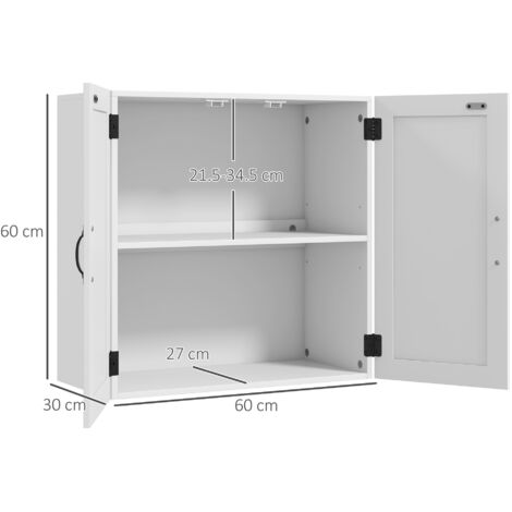 Armadietto Pensile da Bagno in Legno, Mobile Bagno a Parete Salvaspazio Stile Country con Ripiano Regolabile, 60x30x60cm, Bianco
