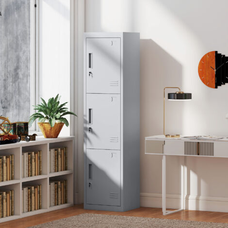 Armadietto per Documenti a 3 Ante e 3 Ripiani in Acciaio, Armadio Ufficio con Serratura Chiavi, Fessure di Ventilazione, Mobiletto Multiuso Portadocumenti, per Casa Ufficio, 45x38x180cm, Grigio