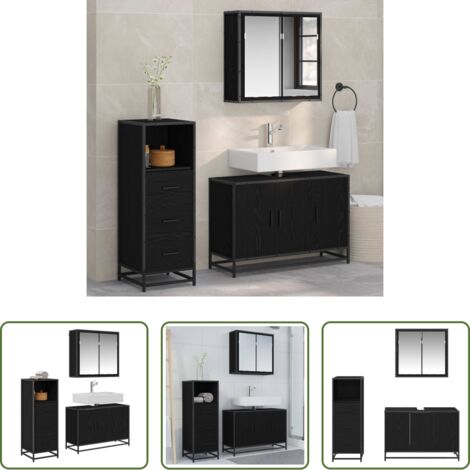 Armadietto per specchio -  Set di mobili per il bagno 3 pcs Rovere Nero Legno multistrato