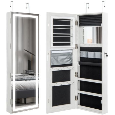 Armadietto portagioie con specchio a LED da 120cm, Appendibile alla porta o da parete con specchio interno Bianco