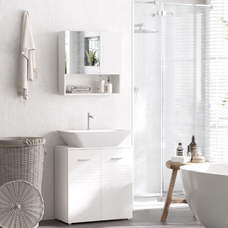 Armadietto Specchiera Bagno, Specchio Bagno Contenitore con Fissaggio a Muro, 54x15x55cm, Bianco