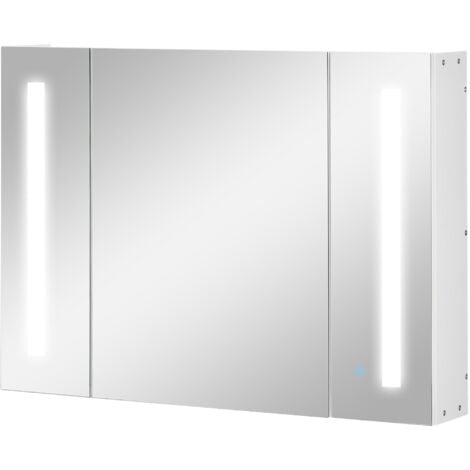 Armadietto Specchiera da Bagno con 3 Armadietti 90x15x65 cm 3 Ripiani e Luce LED Bianco