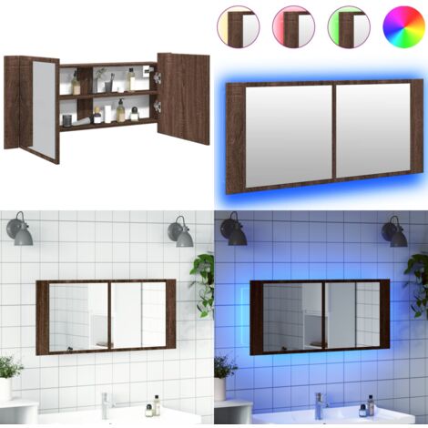 Armadietto Specchio con LED da Bagno Rovere Marrone 100x12x45cm - Armadietto da bagno - Armadietto con luce RGB