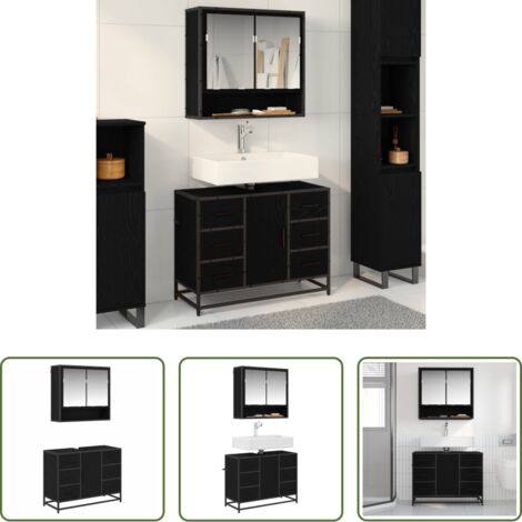 Armadietto specchio -  Set di mobili per il bagno 2 pcs Rovere Nero Legno multistrato