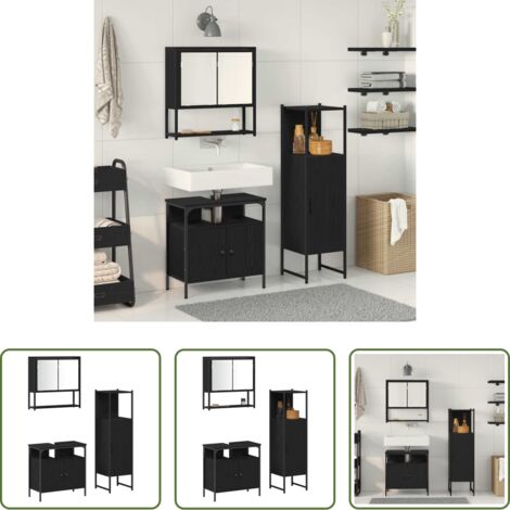 Armadietto specchio -  Set di mobili per il bagno 3 pcs Nero Legno multistrato