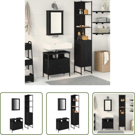 Armadietto specchio -  Set di mobili per il bagno 3 pcs Rovere Nero Legno multistrato