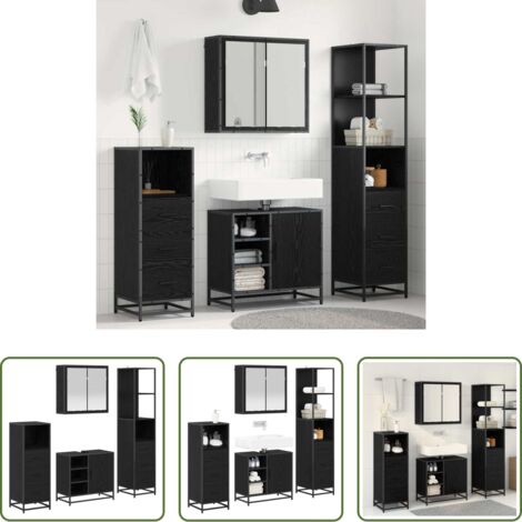 Armadietto specchio -  Set di mobili per il bagno 4 pcs Rovere Nero Legno multistrato