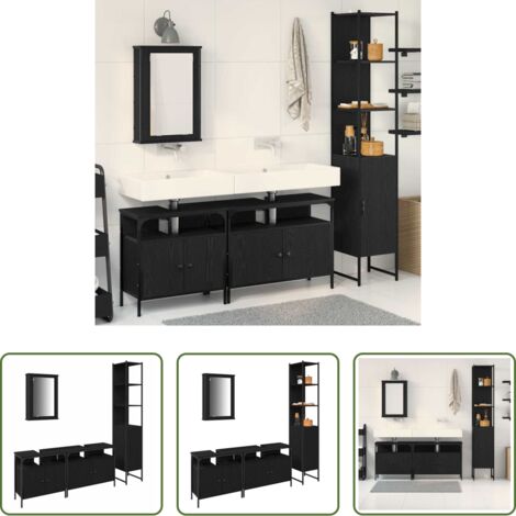 Armadietto specchio -  Set di mobili per il bagno 4 pcs Rovere Nero Legno multistrato