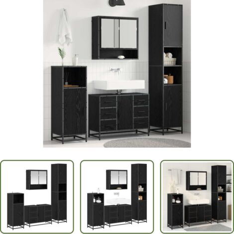 Armadietto specchio -  Set di mobili per il bagno 4 pcs Rovere Nero Legno multistrato
