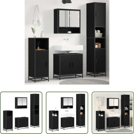 Armadietto specchio -  Set di mobili per il bagno 4 pcs Rovere Nero Legno multistrato