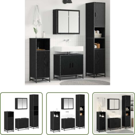 Armadietto specchio -  Set di mobili per il bagno 4 pcs Rovere Nero Legno multistrato