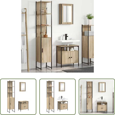 Armadietto specchio -  Set di mobili per il bagno con lo scaffale 3 pcs Rovere Sonoma
