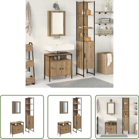 Armadietto specchio -  Set di mobili per il bagno con porta 3 pcs Rovere artigianale