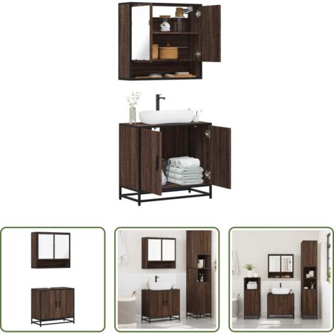 Armadietto specchio -  Set Mobili da Bagno 2 pz Rovere Marrone in Legno Multistrato
