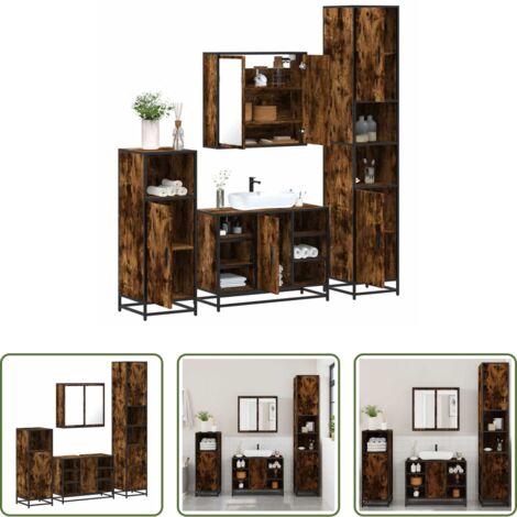 Armadietto specchio -  Set Mobili da Bagno 4 pz Rovere Fumo in Legno Multistrato
