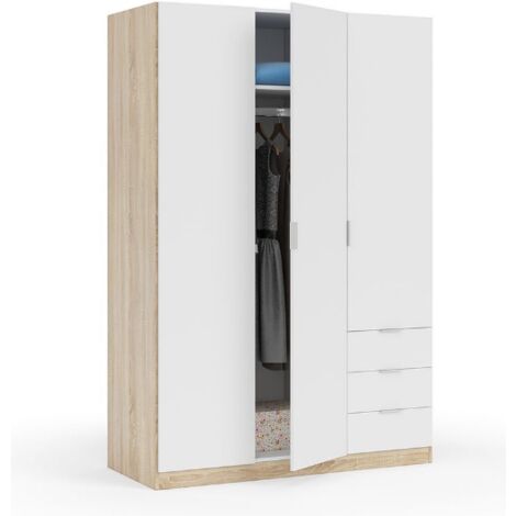 Armadio 121x52x180h cm con 3 ante e 4 ripiani rovere canadese e bianco - Acacia