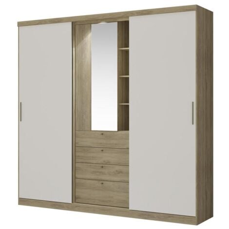 Armadio 2 ante scorrevoli con specchio e cassetti  L.240 cm Quercia e avorio - BODIL