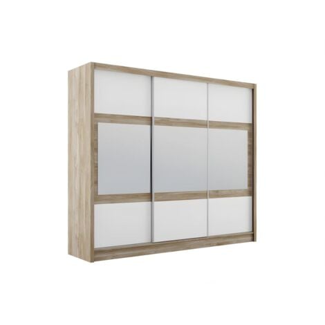 Armadio 3 ante scorrevoli con specchio L250 cm Naturale e Bianco - LEOVIA