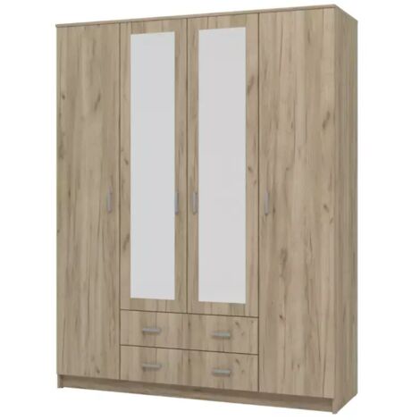 armadio 4 ante battenti "praga" con specchi e 2 cassetti effetto quercia 160x52x205 cm