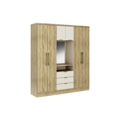 Armadio 6 ante e 3 cassetti + Specchio L180 cm Naturale e Beige - ELORIO