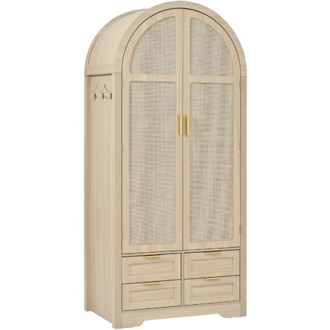 Armadio 80x50x179 cm con ante curve, asta appendiabiti, ripiani e cassetto inferiore, MDF rovere