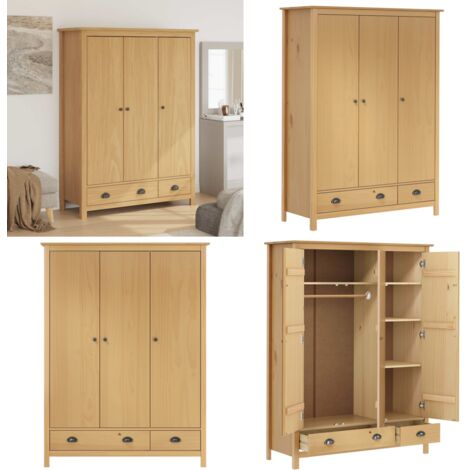 Armadio a 3 Ante Hill 127x50x170cm Legno Massello di Pino - Armadio in legno - Armadio con cassetti