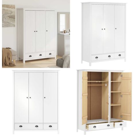 Armadio a 3 Ante Hill Bianco 127x50x170 cm in Legno di Pino - Armadio a 3 ante - Armadio con cassetti