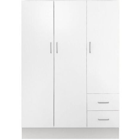 Armadio a tre a ante e due cassetti con ripiani e barra appendiabiti, colore bianco, cm 120 x 50 x 170