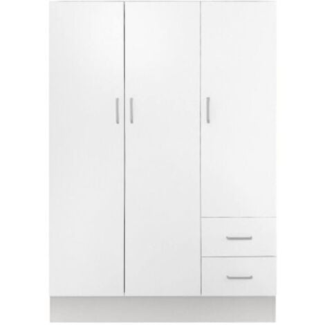 Armadio a tre a ante e due cassetti con ripiani e barra appendiabiti, colore bianco, cm 120 x 50 x 170