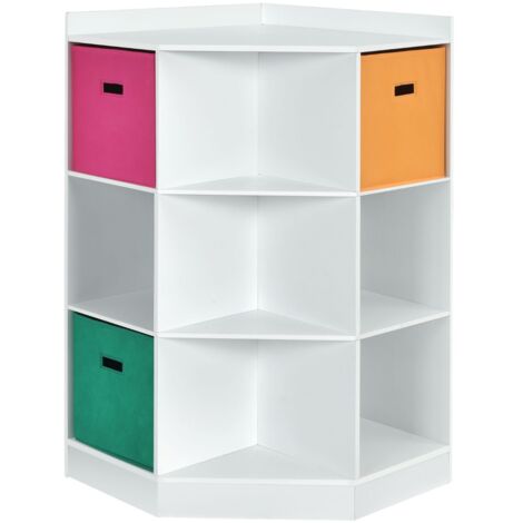 Armadio ad angolo con tre cestini colorati, Organizzatore in legno 81x61x94cm Bianco