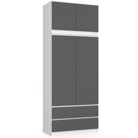 Armadio AKORD S90 con sopralzo Bianca 90 cm 2 ante 2 cassetti inserto frontale Grigio Grafite 90x51x234 cm