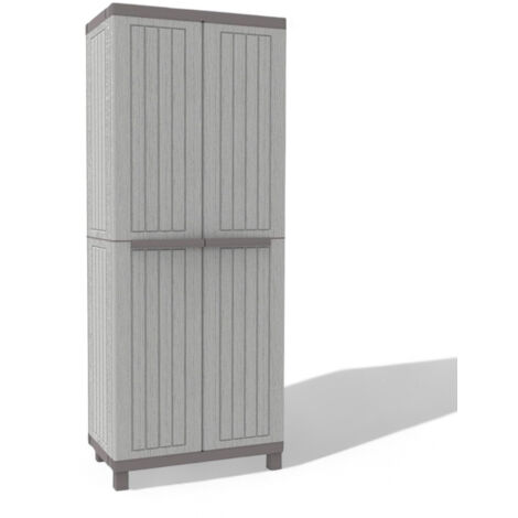 Armadio alto in materiale termoplastico effetto legno grigio a due ante con 3 ripiani regolabili apertura 180 gradi 170x68x39 cm