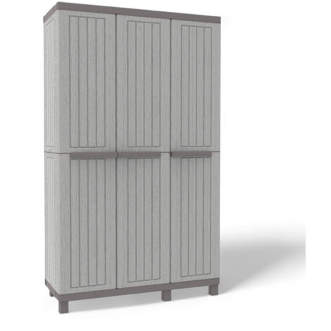 Armadio alto portascope con ripiani regolabili in plastica effetto legno grigio tre ante 102 cm larghezza apertura fino 180 gradi