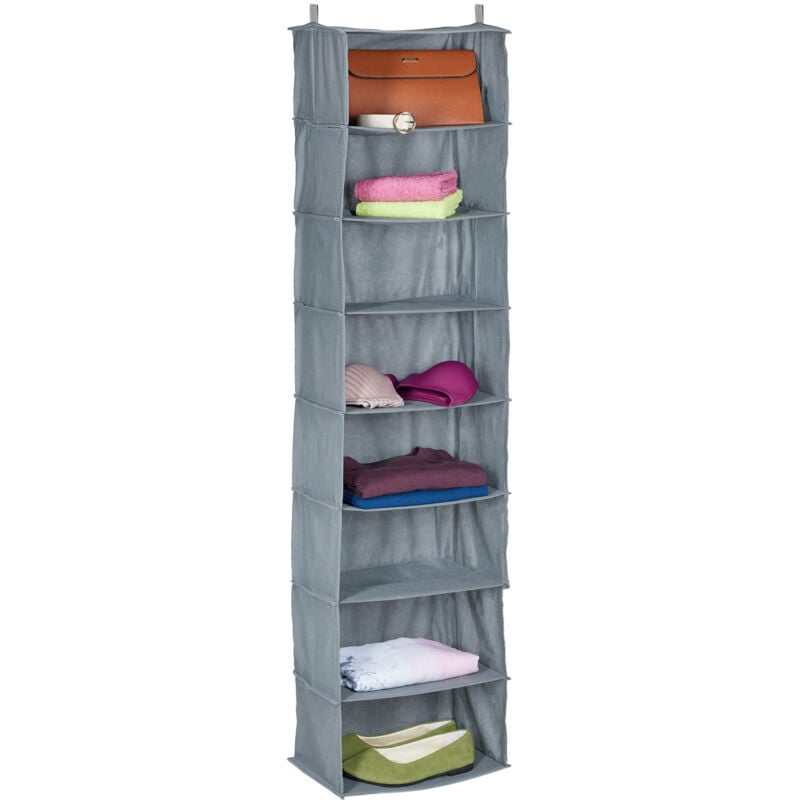 Image of Organizer Armadio da Appendere Salvaspazio, 8 Ripiani, 140x36x20 cm, Inserto Porta Vestiti Campeggio, Grigio - Relaxdays