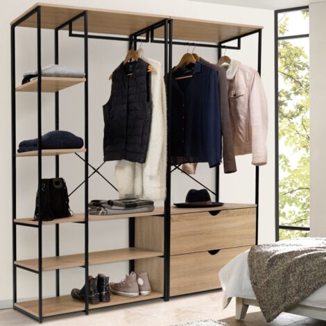 IDMARKET Armadio componibile con doppio guardaroba, ripiani e 2 cassetti L. 170 cm DETROIT design industriale