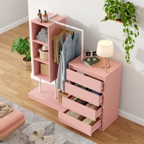 Armadio con vano a giorno, 1 asta appendiabiti, cassettiera a 4 cassetti, camera da letto/corridoio, 140×40×135cm, rosa
