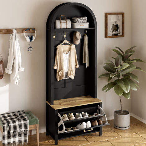 Armadio con vano portascarpe, appendiabiti da ingresso, 4 ganci, MDF, 75x35x195cm, nero